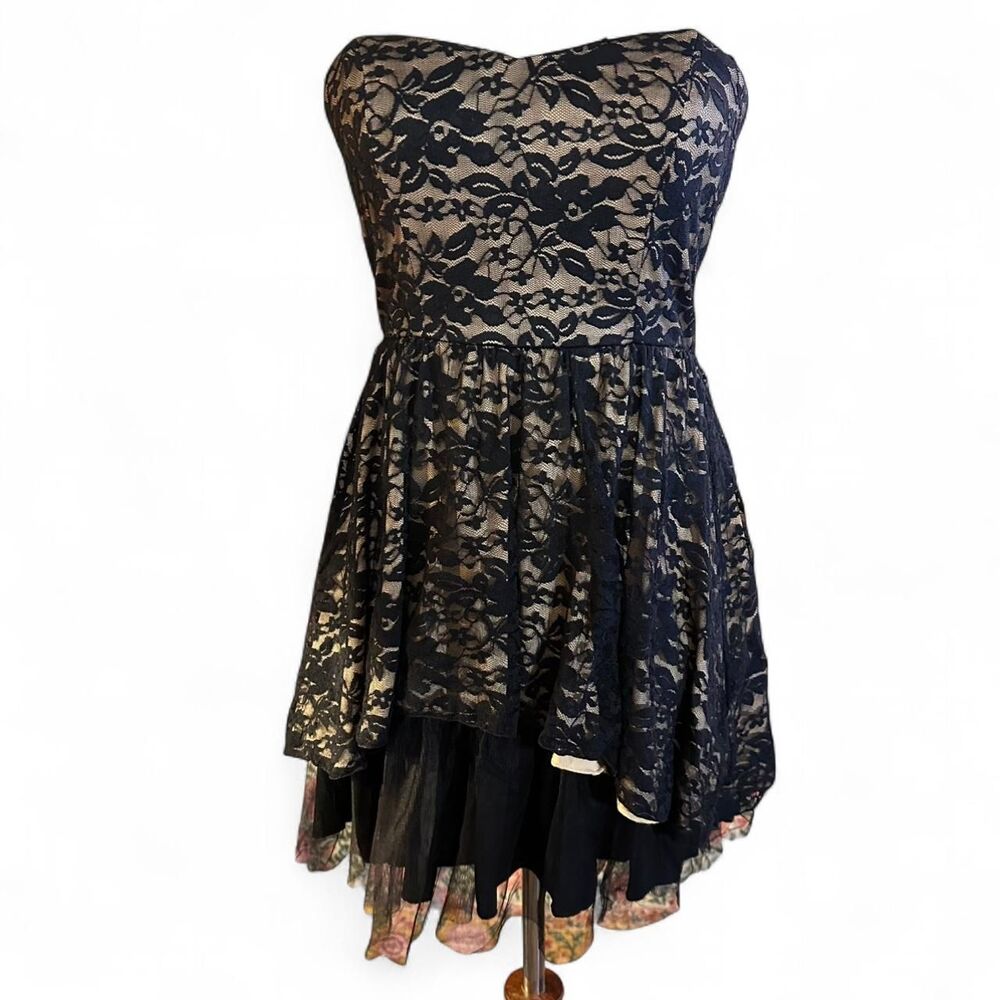 B.Wear Y2K Black Lace and Nude Frilly Fit and Flare Mini Dress